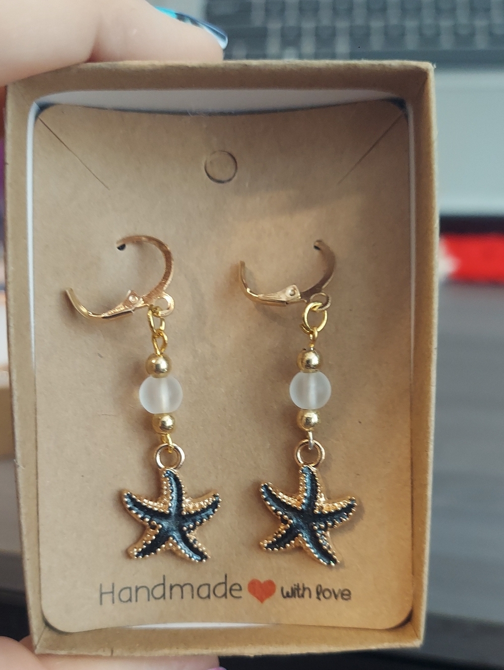 Handmade Gold & Blue Starfish Drop Earrings